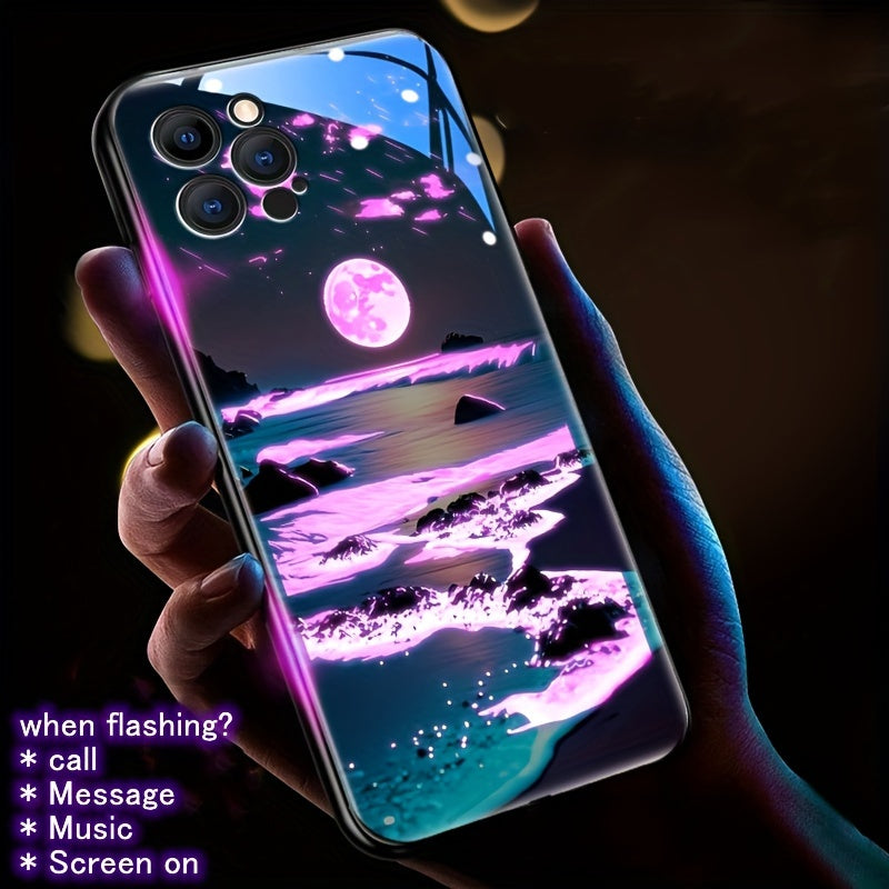 Glowing Meteor Sunset Beach Smart Voice-Controlled Luminous Phone Case Compatible with Samsung S24 Ultra/S23 Ultra/S23 FE/S21 FE/S22 Ultra/S21 Ultra/Iphone 15 14 Plus 13 12 11 Pro Max, Featuring Night Glow Technology And an E
